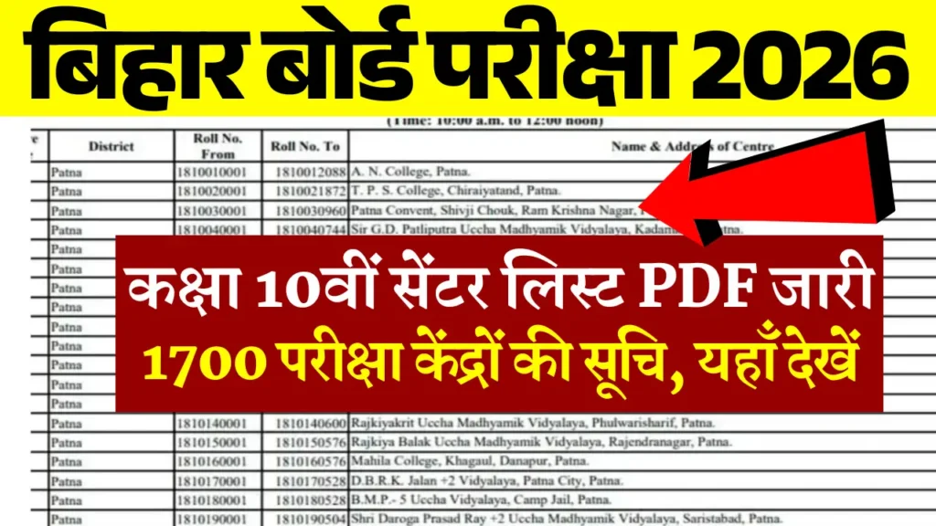 Bihar Board 10th Exam Center List 2026